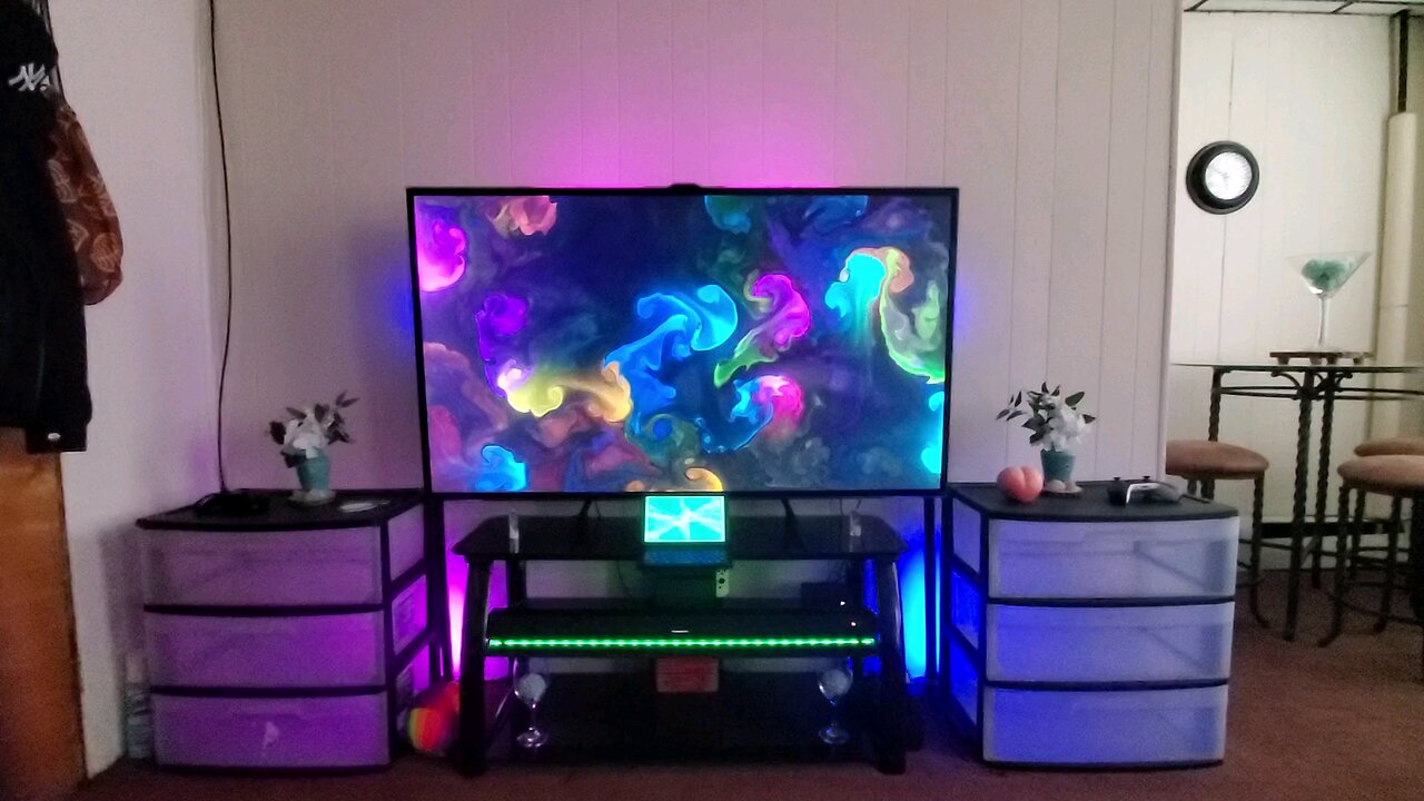 Mini PC and Nintendo Switch Bluetooth Monster Soundbar LED TV Setup at my place.