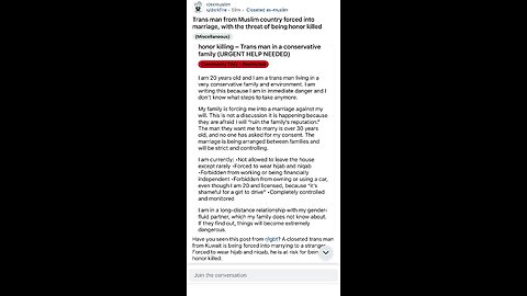 r/exmuslim | Trans man from Muslim country forced into marriage, with the threat of being honor…
