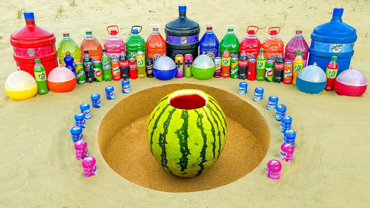 Watermelon vs Big Coca-Cola, Pepsi, Fanta, Chupa Chups, Mirinda, Mtn Dew and Mentos Underground!