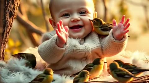 Cute baby playing with birds