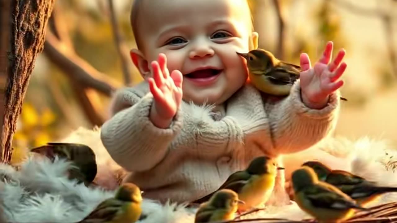 Cute baby playing with birds