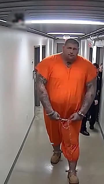 This prisoner is so huge he can't fit into the cell.