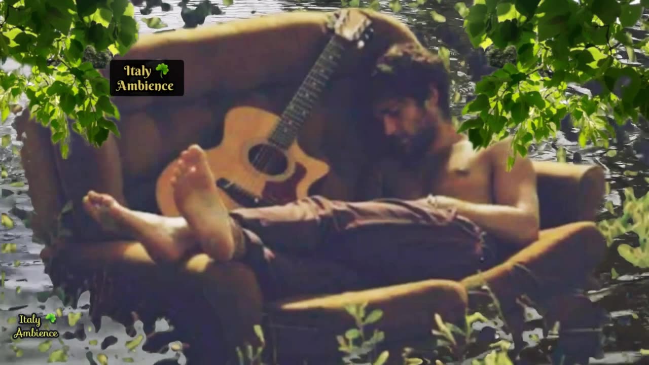 Relaxation Nature sounds and classical guitar music with boy sleep on the water..