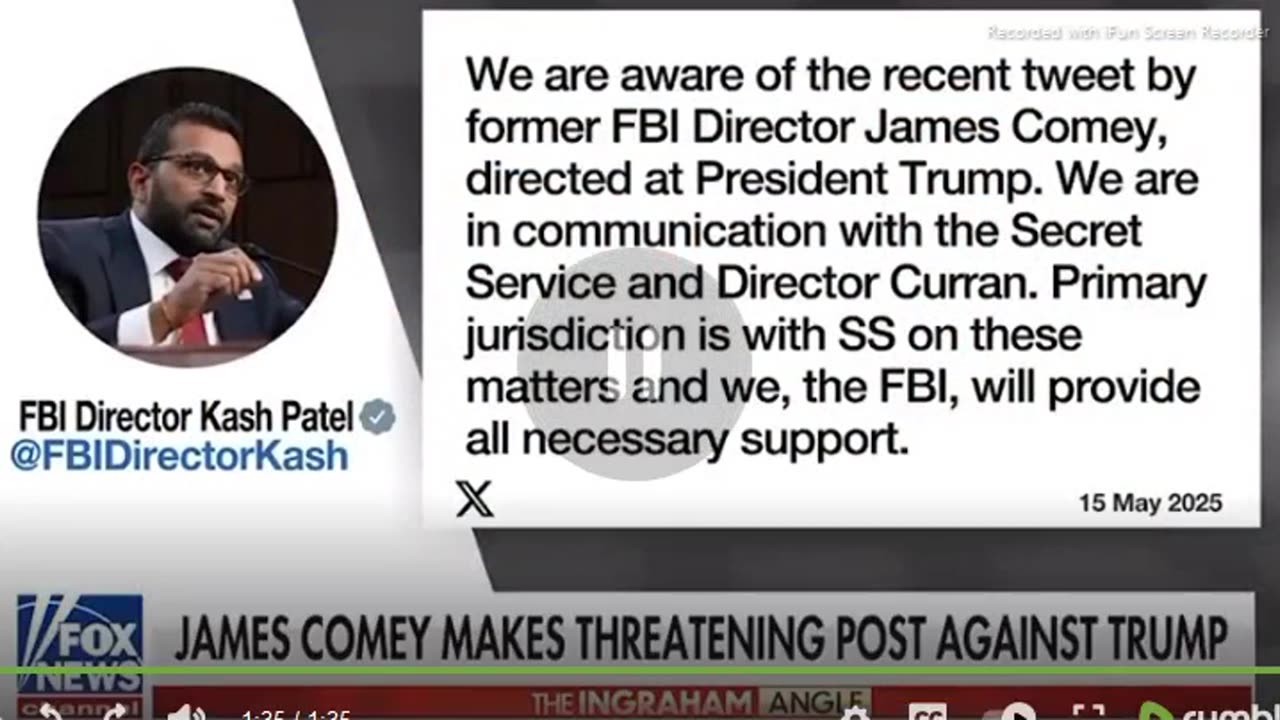 FOX NEWS>JAMES COMEY "86 47" POST "THREATENS TRUMP - 2 mins. FOX NEWS