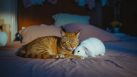 The orange cat helps the poor rabbit and prepares delicious food for it.🐾❤️🍖