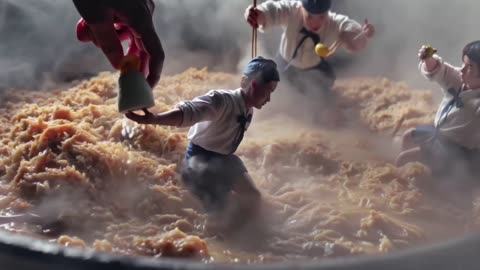 Little man making rice coated with egg