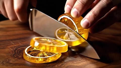"Cutting Glowing Gold Glass Fruit ASMR – Satisfying Visual & Sound Experience