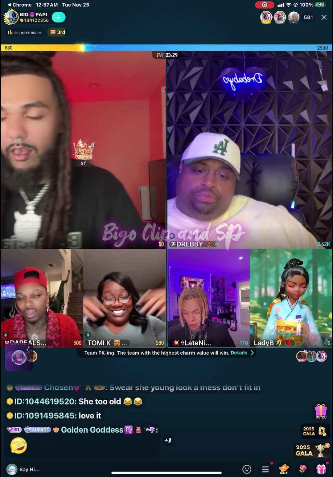 Team pk Papi Supa TomiKay DreBaby LN Droski n 21 pops up 11/24/25 #bigoclipandsip