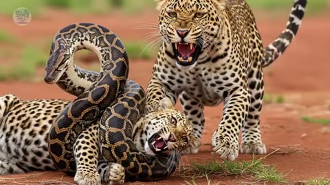 The male leopard roared madly as the female leopard was squeezed unconscious by the python.
