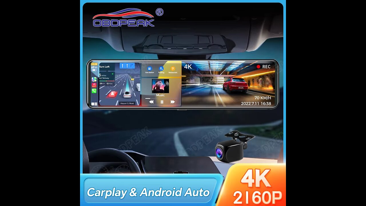 OBDPEAK K4 11.26" Rearview Mirror Dash cam Carplay Android Auto 4K 3840*2160P WIFI GPS Navigation