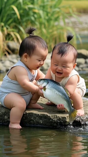ai two baby boy fight fish🐠