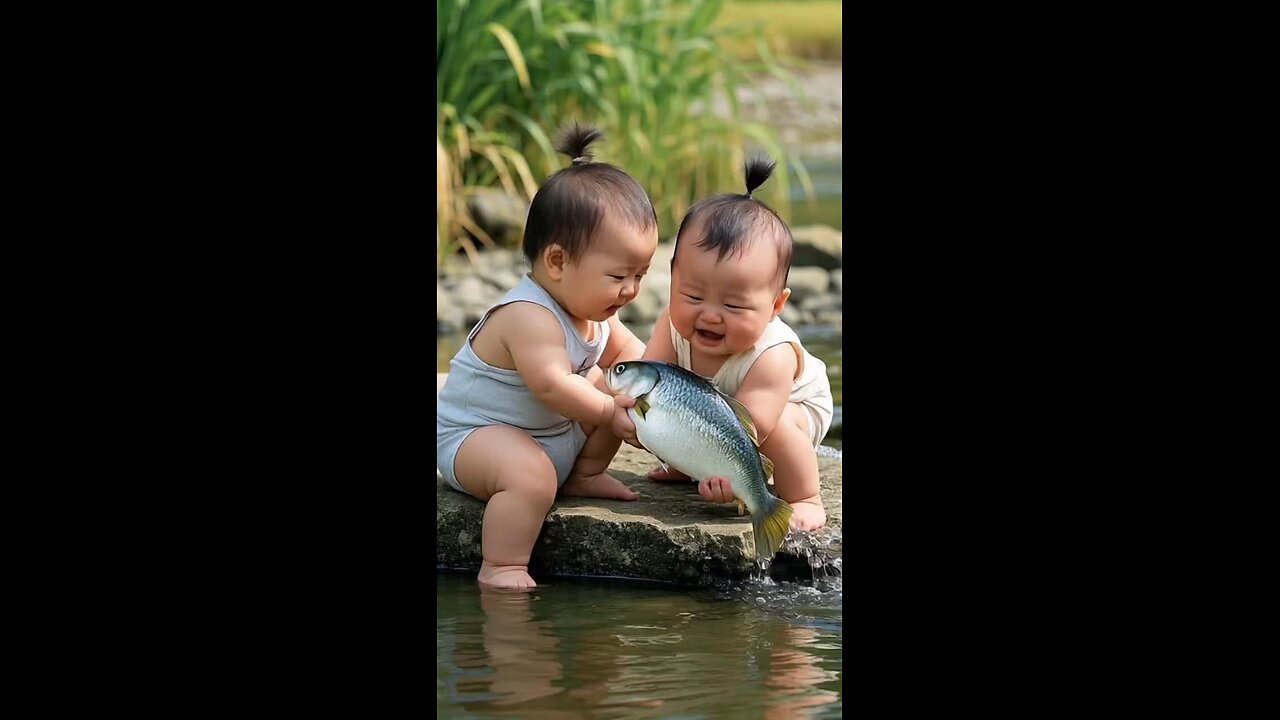 ai two baby boy fight fish🐠