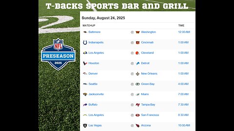 T-Backs Sports Bar and Grill Sports Schedule and Hot Dog Special for Sunday August 24, 2025