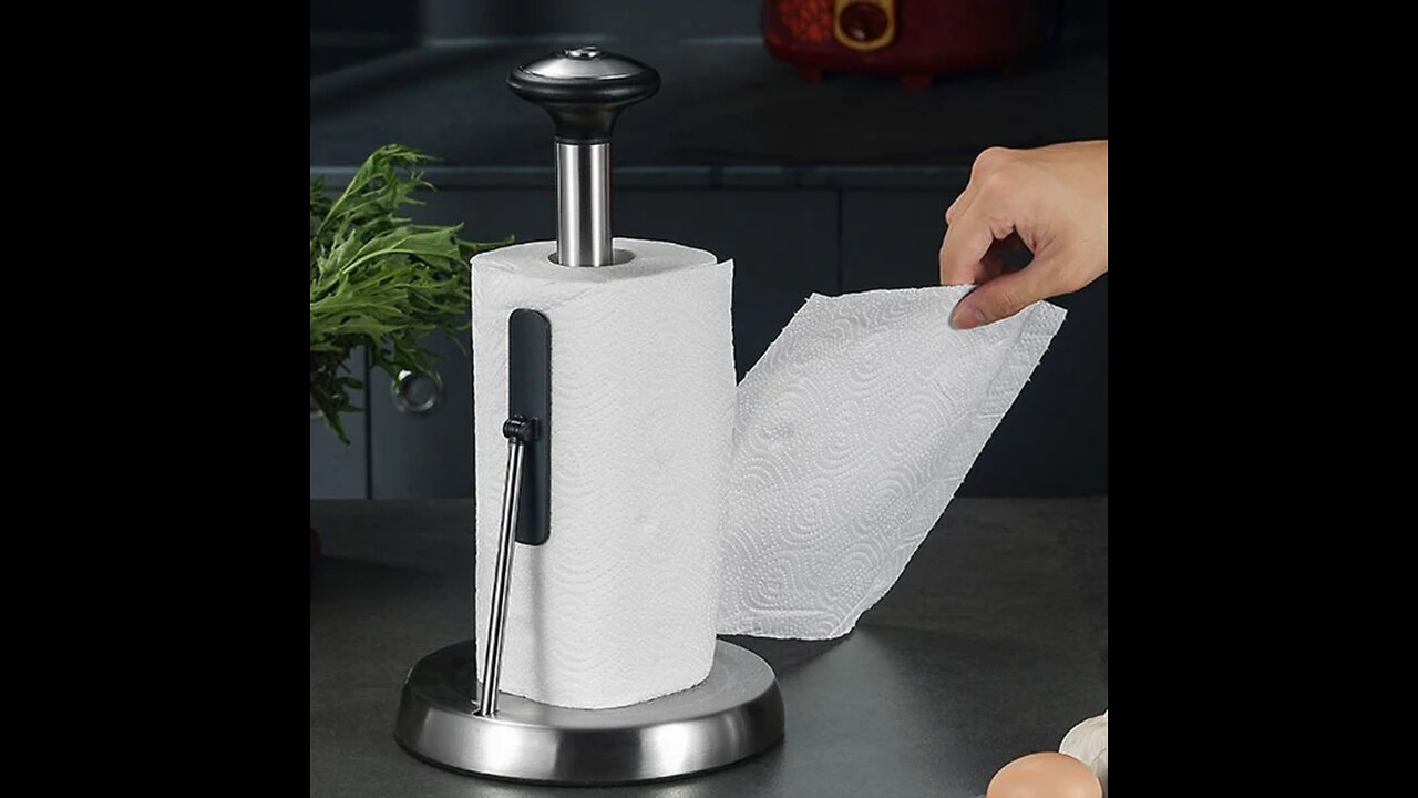 Paper Towel Holder, with Simple Tear Design, Adjustable Rod, Spring-Activated Arm & Non-slip Base