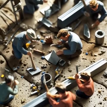AI-generated video Miniature people working on a piece of wood