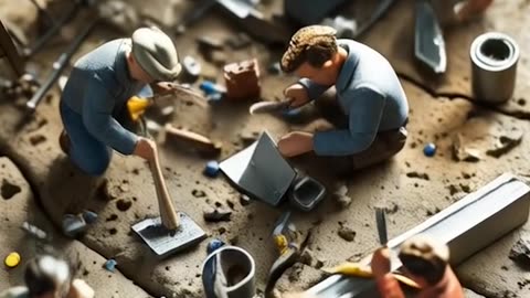 AI-generated video Miniature people working on a piece of wood