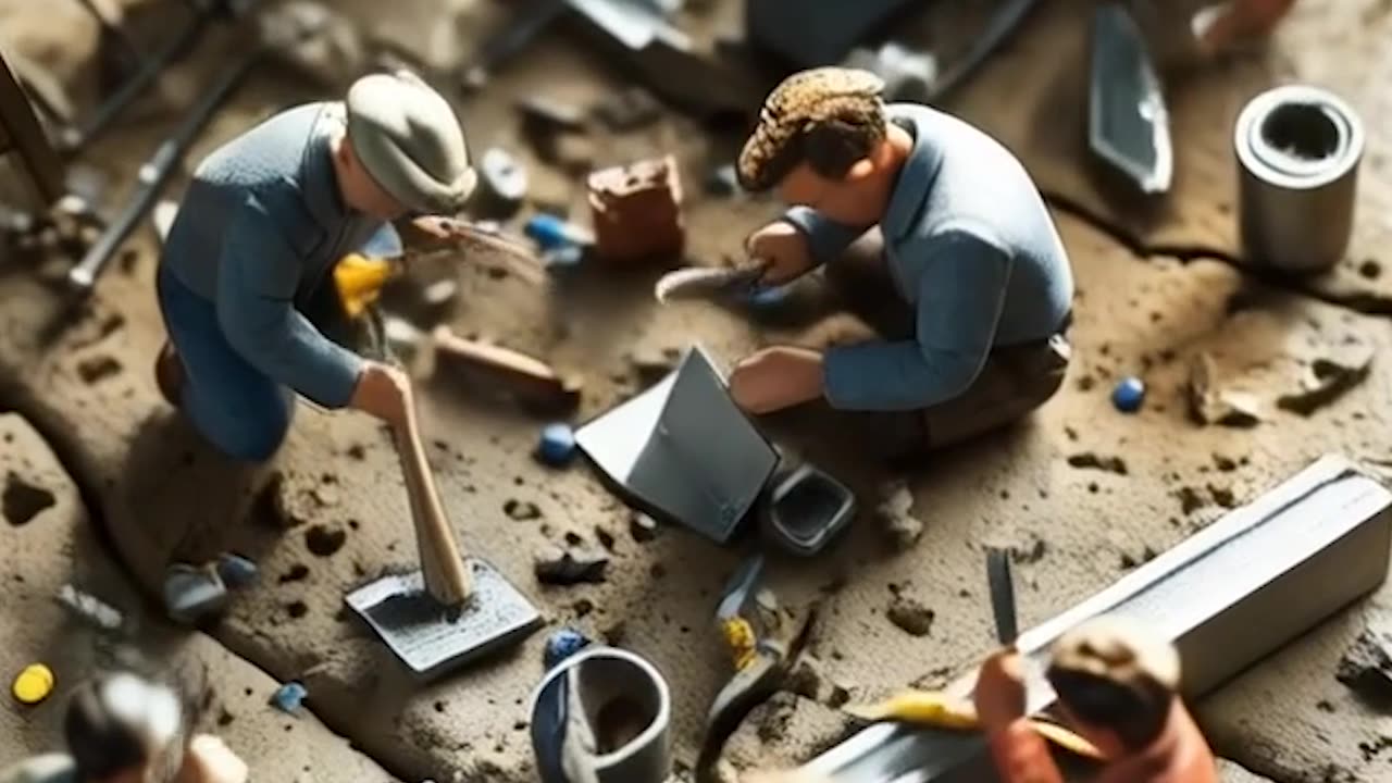 AI-generated video Miniature people working on a piece of wood