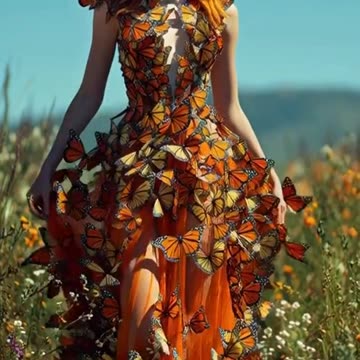 a beautiful top model, runway made of grass and wild flowers