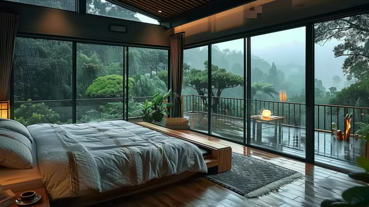 Glasshouse bed Room with Forest view & Large Windows - Rain Sounds for Focus and Relaxation Sleep⛈️