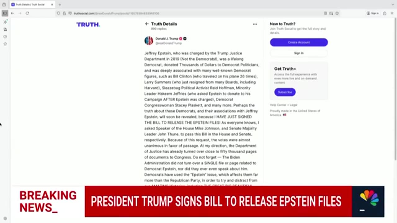 Trump Orders DOJ to Release Epstein Docs After Signing New Bill
