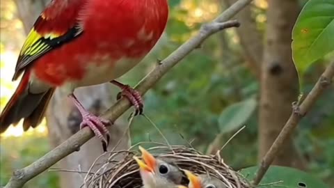 Stunning Red Bird Feeding Chicks | AI Generated Nature Video