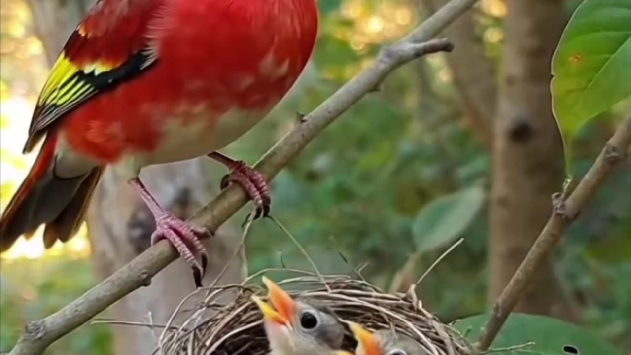 Stunning Red Bird Feeding Chicks | AI Generated Nature Video