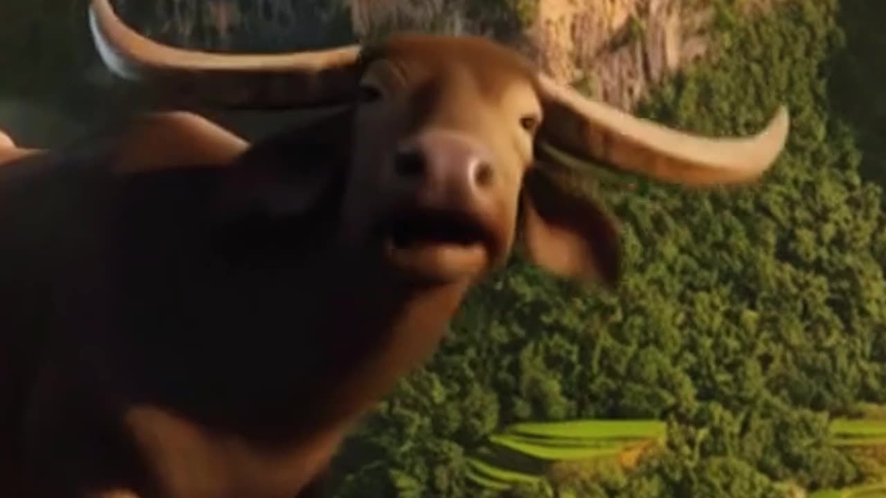Water buffalo jumping from the cliff