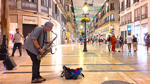 🎷 Larios Street Saxophone 🎶 Summer Night in Malaga, Spain [4K]