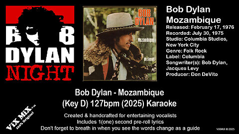 Bob Dylan - Mozambique (Key D) 127bpm (2025) Karaoke
