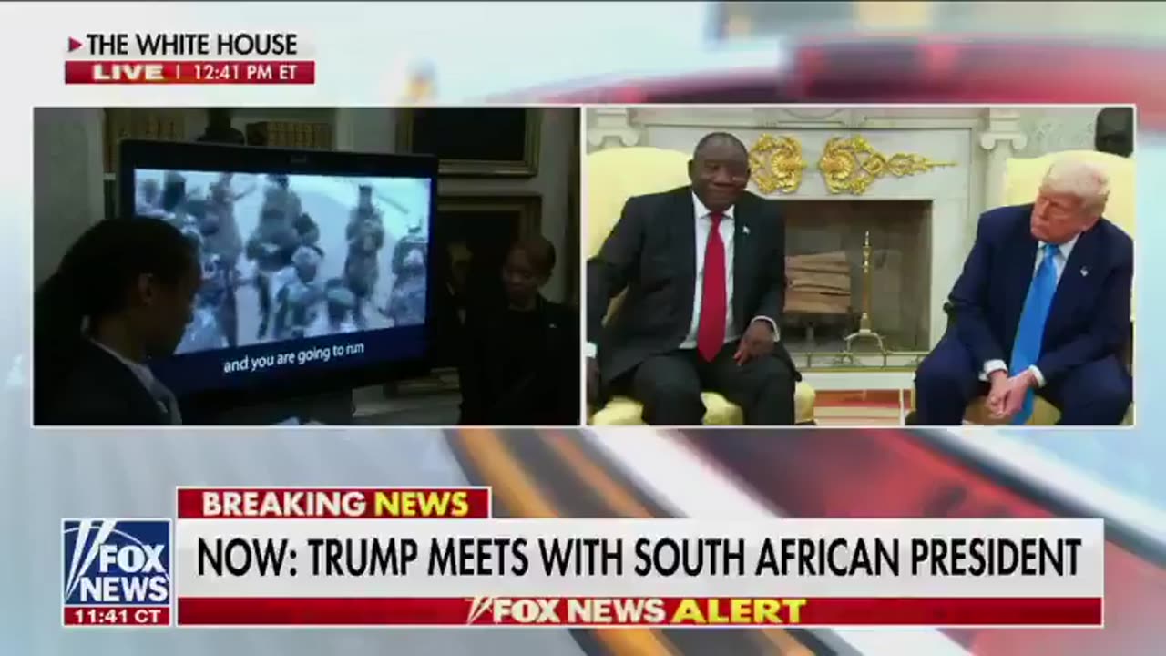 #BREAKING: #Trump brings TV into Oval Office in front of the South African President and shows him a video of his own government calling for genocide of white farmers. Savage. "Turn the lights down and just put this on." FORCES SOUTH AFRICAN LEA