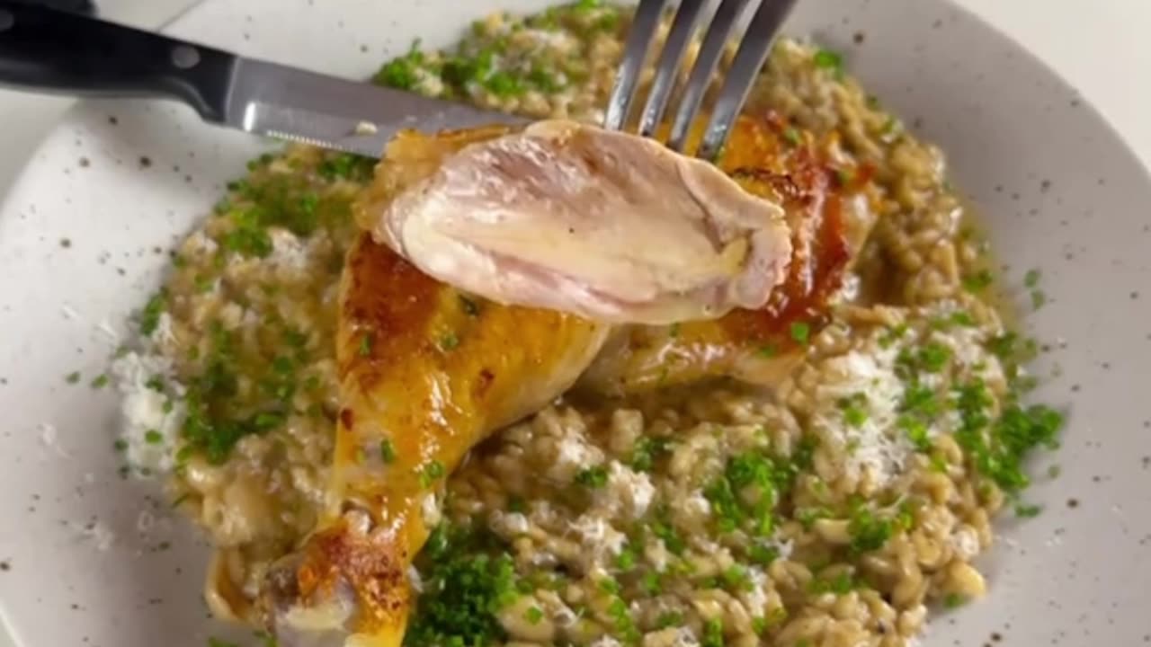 Seared Chicken Leg with Mushroom Risotto