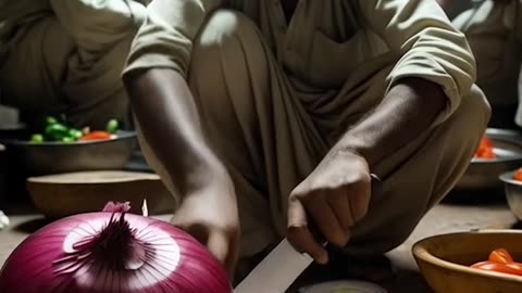 a man cutting onions on a wooden table #02 Ai Video Generator @NanoVisionsAI