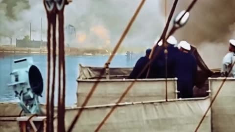 The attack on Westerplatte by the German battleship Schleswig-Holstein