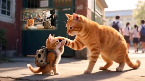 Ginger kitten 🐾 bullied on first day of school mama cat works at dinner 🍽️ to buy tiger 🐯 back pack