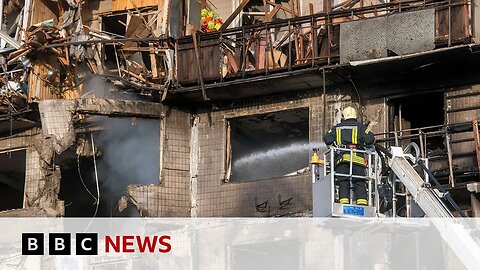 Russian drone slams into block of flats in deadly wave of strikes across Kyiv | BBC News