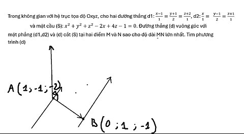 Trong không gian với hệ trục tọa độ Oxyz, cho hai đường thẳng d1: (x-1)/1=(y+1)/2=(z+2)/1
