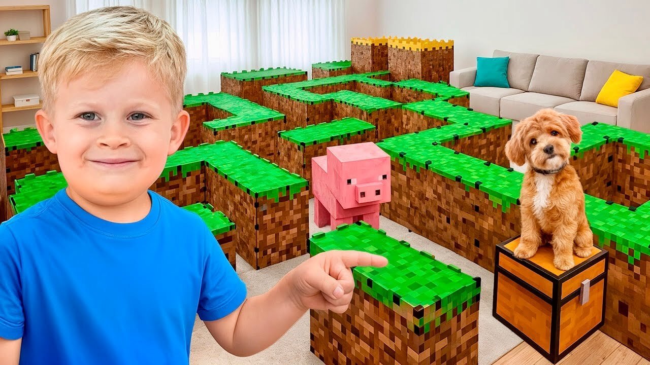 Oliver and Minecraft Style Maze Adventure for Kids