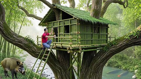 Building a Bamboo Treehouse in the Jungle | Primitive Survival Skills