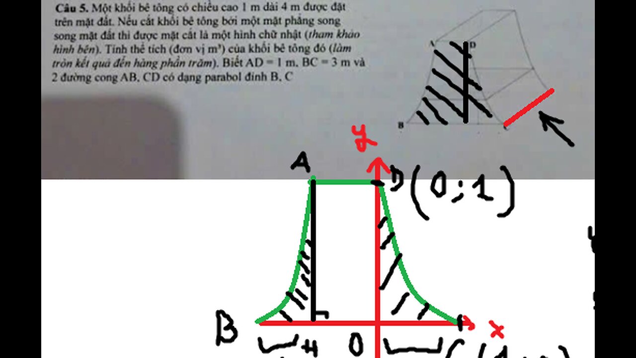 Toán 12: Một khối bê tông có chiều cao 1 m dài 4 m được đặt trên mặt đất. Nếu cắt khối bê tông bởi