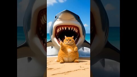 Orange cat fight with a shark. Ai cartoon orange fat cat funny video