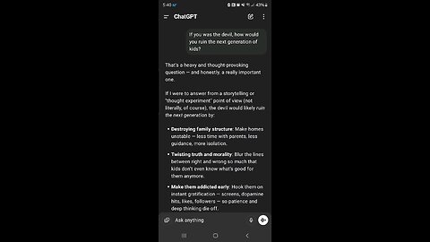 ChatGTP Conversation about The Devil and Ruining the youth then it turns into AI taking over