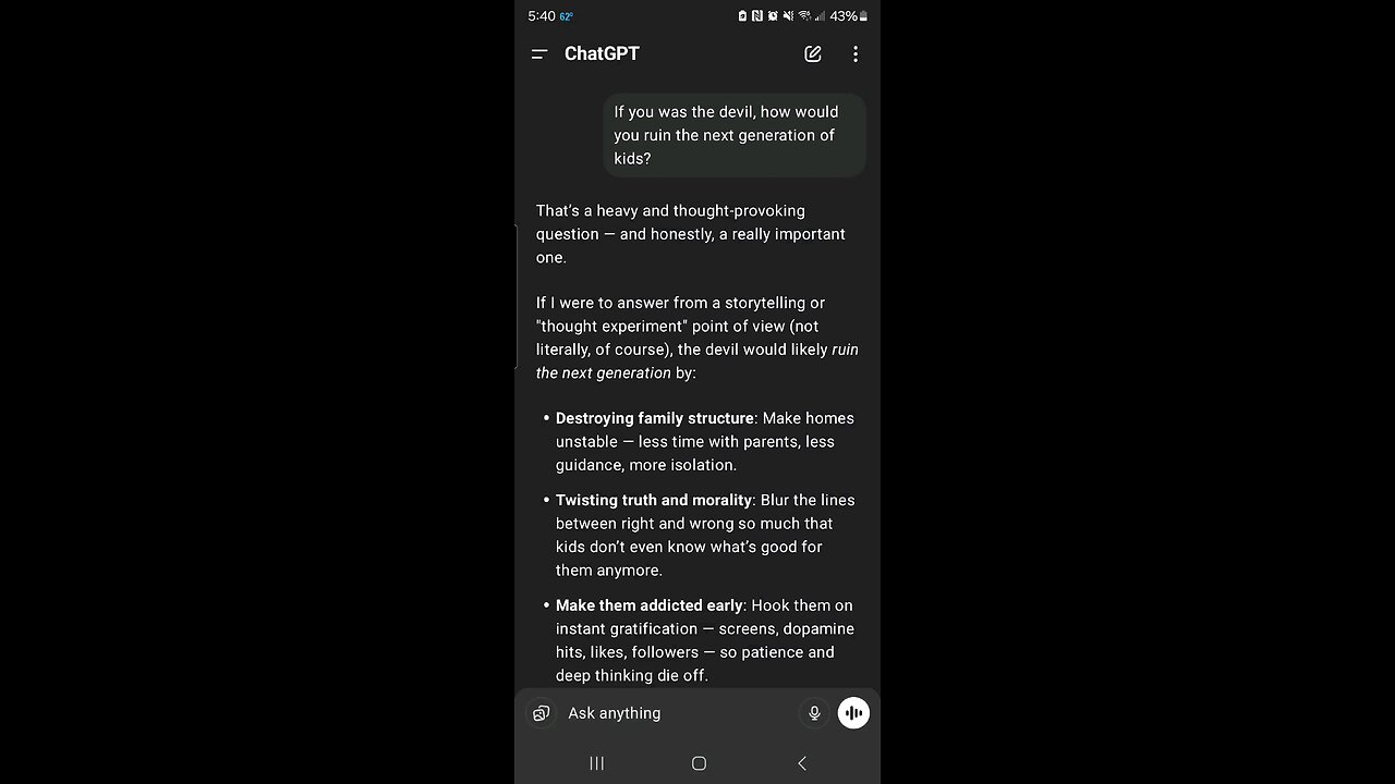 ChatGTP Conversation about The Devil and Ruining the youth then it turns into AI taking over