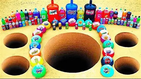 Big Balloons of Fanta & Coca-Cola, Mtn Dew, Monster, Mirinda vs Mentos Different Holes Underground
