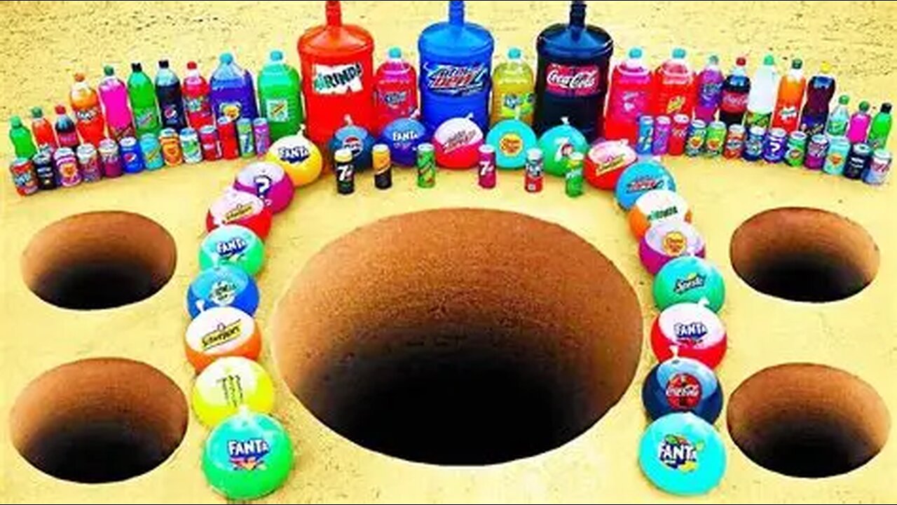 Big Balloons of Fanta & Coca-Cola, Mtn Dew, Monster, Mirinda vs Mentos Different Holes Underground