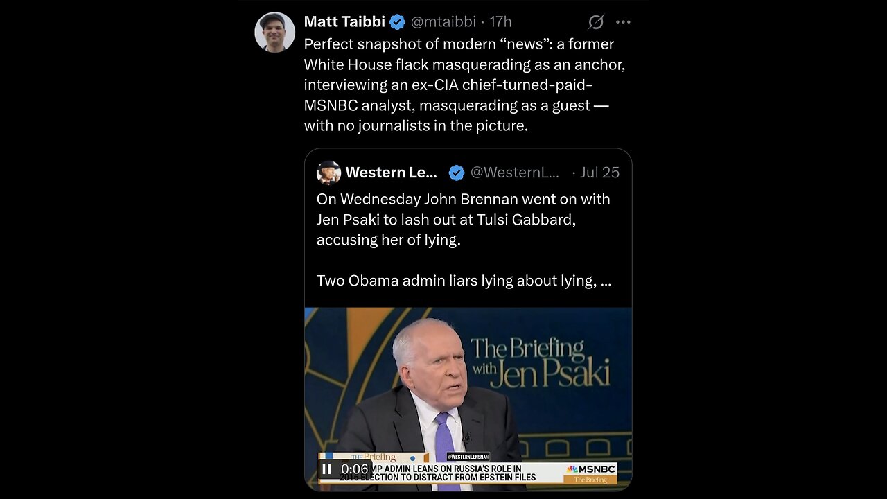 Perfect snapshot of modern "news": a former White House flack masquerading as an anchor interviewing an ex-CIA chief
