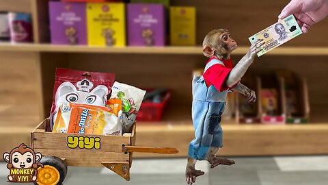Monkey YiYi excited goes to the supermarket to buy food to take care of baby dogs