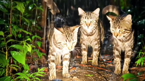 A group of tabby cats in the middle of the forest