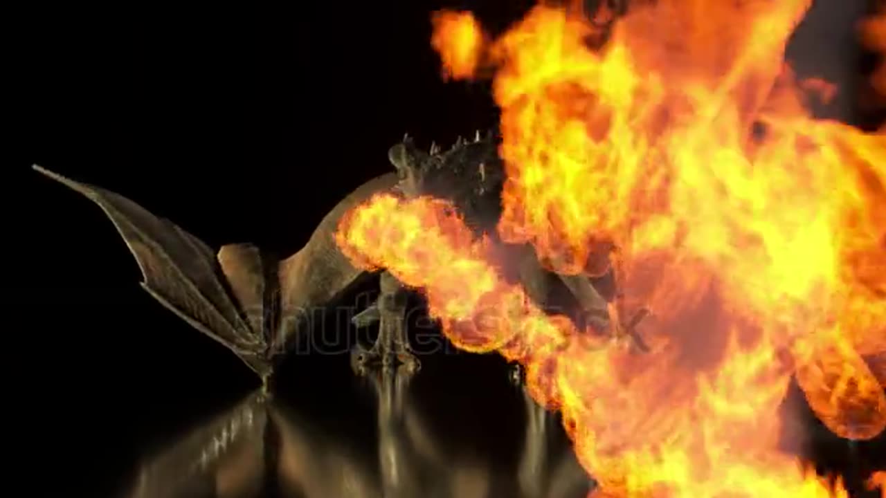 Realistic dragon breathes fire on a black background. 3d animation.