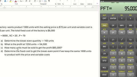 Finance Help with Texas Instruments BA II Plus: Find the break-even point, profit, quantity, costs