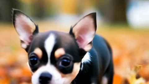 Lovable Cute Chihuahua Puppy plays at Autumn Leaves